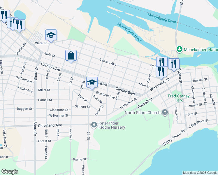 map of restaurants, bars, coffee shops, grocery stores, and more near 512 Carney Boulevard in Marinette