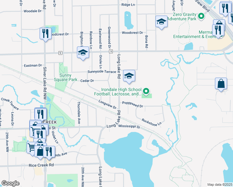 map of restaurants, bars, coffee shops, grocery stores, and more near 2366 Long Lake Road in New Brighton