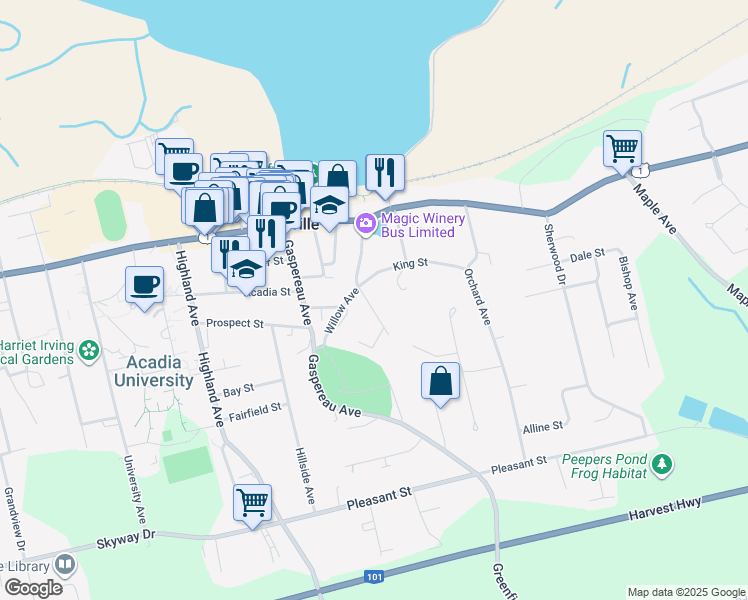 map of restaurants, bars, coffee shops, grocery stores, and more near 3 Blomidon Terrace in Wolfville