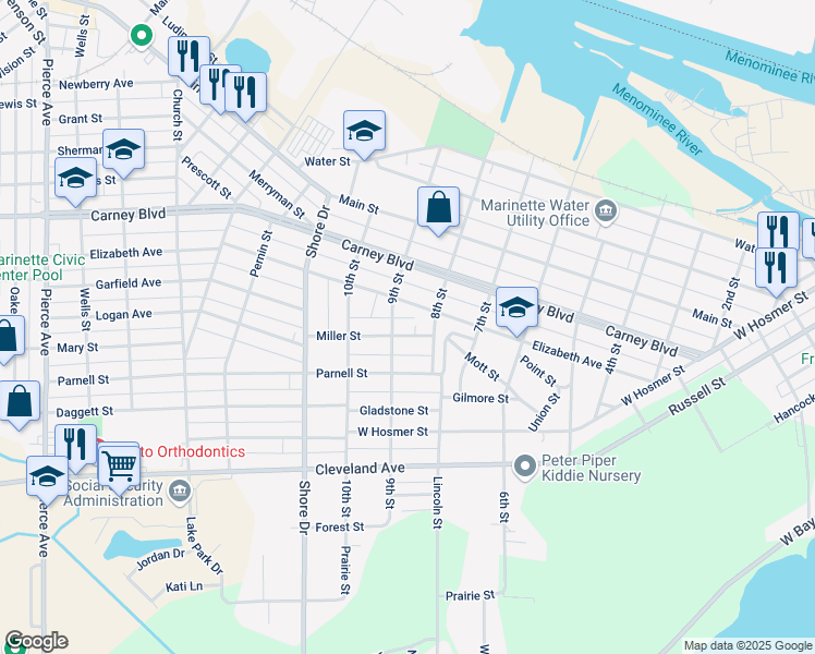 map of restaurants, bars, coffee shops, grocery stores, and more near 815 Elizabeth Avenue in Marinette