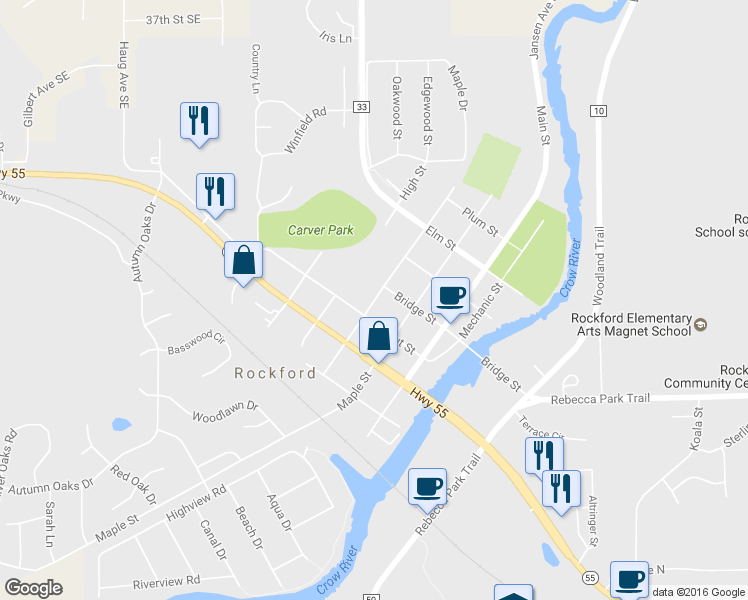 map of restaurants, bars, coffee shops, grocery stores, and more near 6051 Ash Street in Rockford