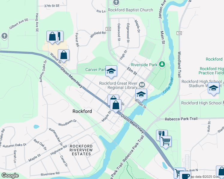 map of restaurants, bars, coffee shops, grocery stores, and more near 6051 Ash Street in Rockford