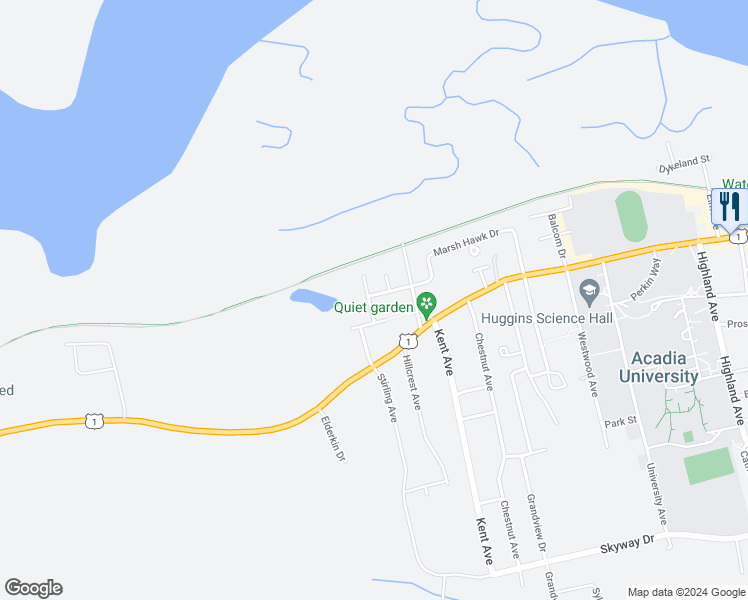map of restaurants, bars, coffee shops, grocery stores, and more near 52 Chambers Close in Wolfville