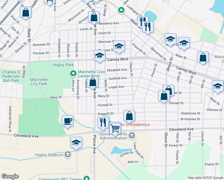 map of restaurants, bars, coffee shops, grocery stores, and more near 1512 Logan Avenue in Marinette