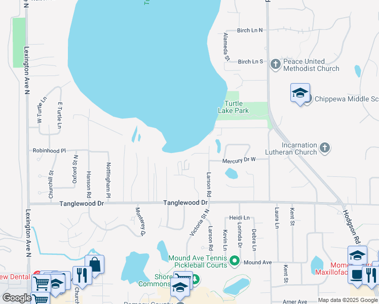 map of restaurants, bars, coffee shops, grocery stores, and more near 767 Larson Lane in Shoreview