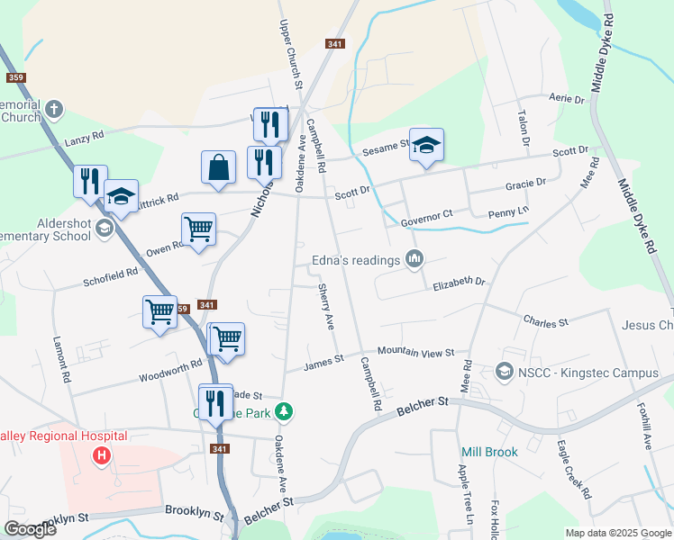 map of restaurants, bars, coffee shops, grocery stores, and more near 110 Campbell Road in Kentville