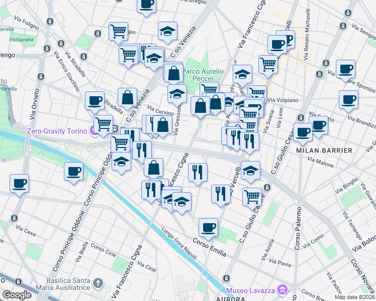 map of restaurants, bars, coffee shops, grocery stores, and more near 28-34 Corso Vigevano in Torino