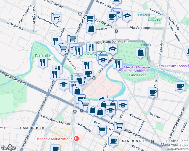 map of restaurants, bars, coffee shops, grocery stores, and more near 12 Via Pessinetto in Torino