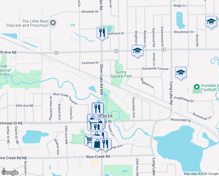map of restaurants, bars, coffee shops, grocery stores, and more near 2374 Erin Court in New Brighton