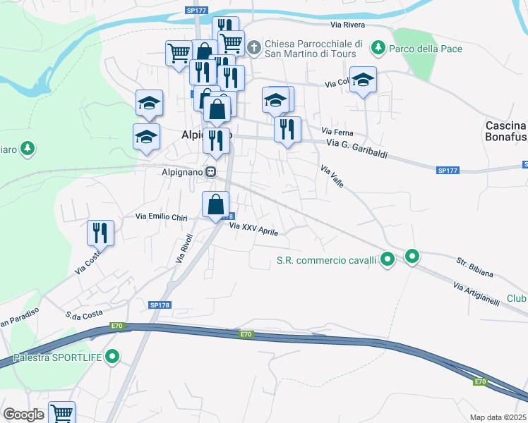 map of restaurants, bars, coffee shops, grocery stores, and more near 9 Via Sangone in Alpignano