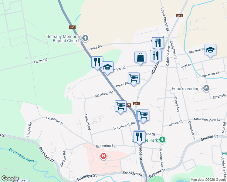 map of restaurants, bars, coffee shops, grocery stores, and more near 414 Aldershot Road in Kentville