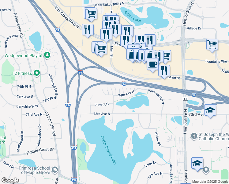 map of restaurants, bars, coffee shops, grocery stores, and more near 12648 74th Avenue North in Maple Grove