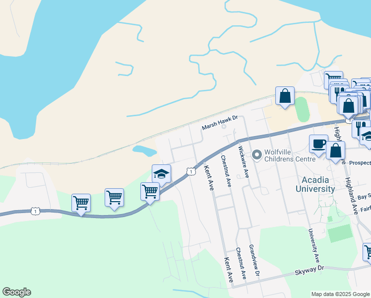 map of restaurants, bars, coffee shops, grocery stores, and more near 99 Marsh Hawk Drive in Wolfville