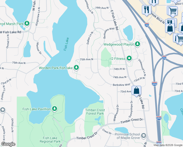 map of restaurants, bars, coffee shops, grocery stores, and more near 7475 Dallas Lane North in Maple Grove