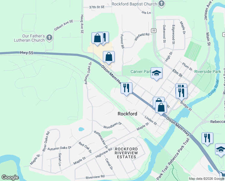 map of restaurants, bars, coffee shops, grocery stores, and more near 6000 Lone Oak Road in Rockford