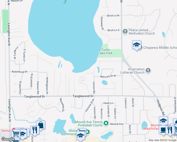 map of restaurants, bars, coffee shops, grocery stores, and more near 767 Larson Lane in Shoreview