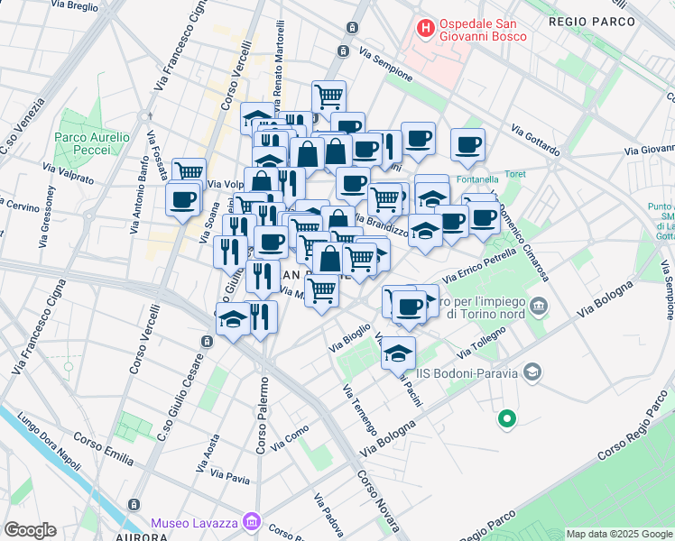 map of restaurants, bars, coffee shops, grocery stores, and more near 9 Via Candia in Torino