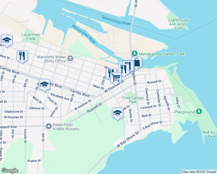 map of restaurants, bars, coffee shops, grocery stores, and more near 1113 1st Street in Marinette