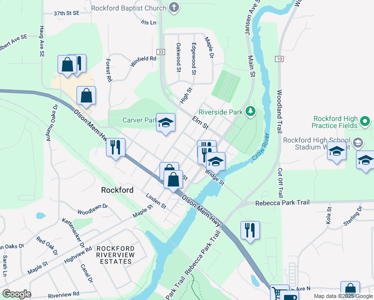 map of restaurants, bars, coffee shops, grocery stores, and more near 6111 Maple Street in Rockford