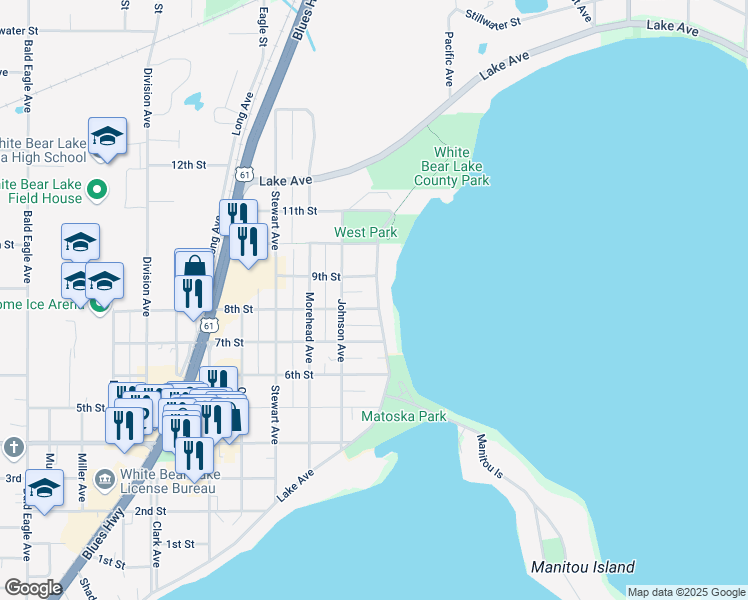 map of restaurants, bars, coffee shops, grocery stores, and more near 4911 Lake Avenue in White Bear Lake