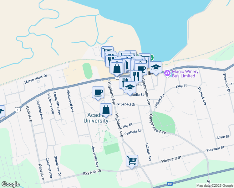 map of restaurants, bars, coffee shops, grocery stores, and more near 42 Acadia Street in Wolfville