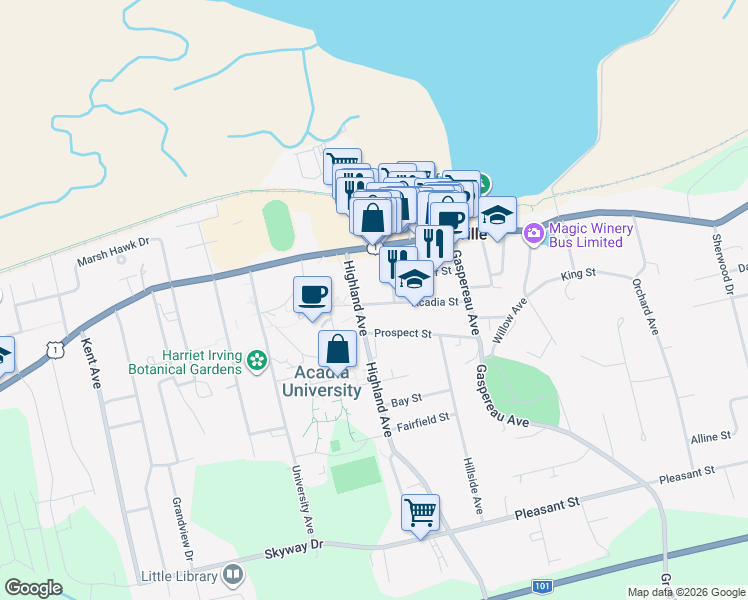 map of restaurants, bars, coffee shops, grocery stores, and more near 40 Acadia Street in Wolfville