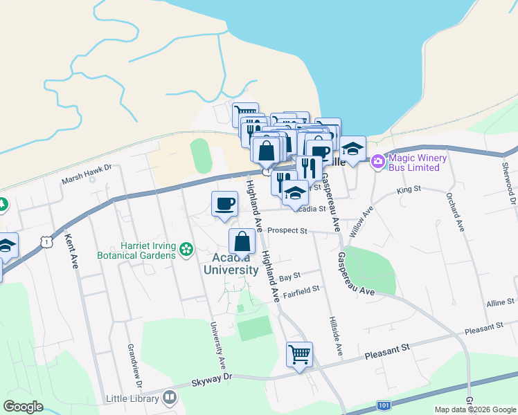 map of restaurants, bars, coffee shops, grocery stores, and more near 17 Highland Avenue in Wolfville