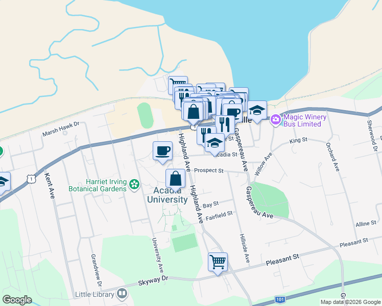 map of restaurants, bars, coffee shops, grocery stores, and more near 44 Acadia Street in Wolfville