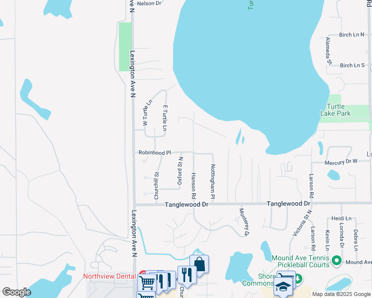map of restaurants, bars, coffee shops, grocery stores, and more near 4923 Hanson Road in Shoreview