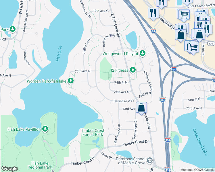 map of restaurants, bars, coffee shops, grocery stores, and more near 13859 74th Avenue North in Osseo