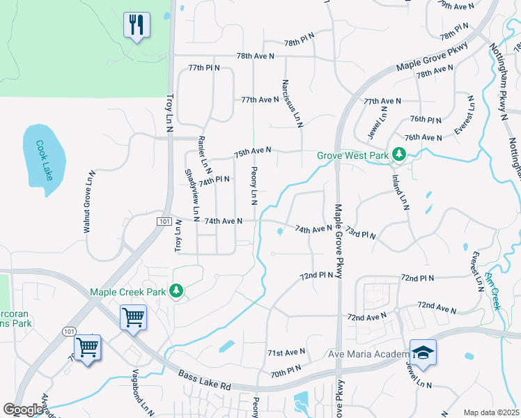 map of restaurants, bars, coffee shops, grocery stores, and more near 7444 Peony Lane North in Maple Grove