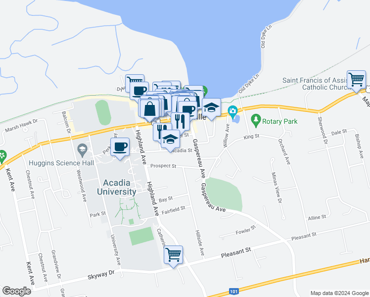 map of restaurants, bars, coffee shops, grocery stores, and more near 6 Acadia Street in Wolfville