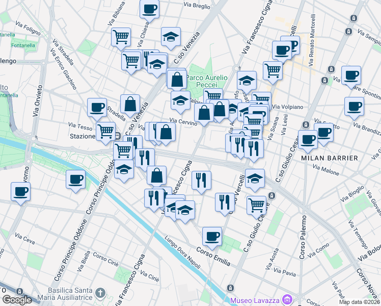 map of restaurants, bars, coffee shops, grocery stores, and more near 34 Corso Vigevano in Torino