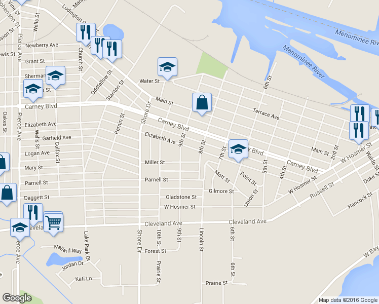 map of restaurants, bars, coffee shops, grocery stores, and more near 815 Elizabeth Ave in Marinette