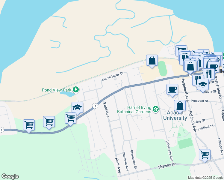 map of restaurants, bars, coffee shops, grocery stores, and more near 628 Main Street in Wolfville