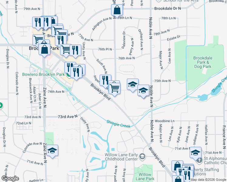 map of restaurants, bars, coffee shops, grocery stores, and more near 7416 Regent Avenue North in Minneapolis