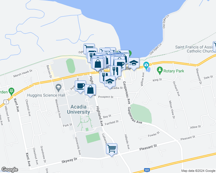 map of restaurants, bars, coffee shops, grocery stores, and more near 18 Acadia Street in Wolfville