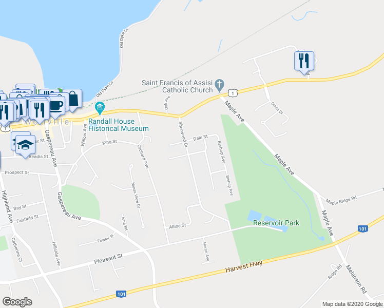 map of restaurants, bars, coffee shops, grocery stores, and more near 43 Woodland Drive in Wolfville