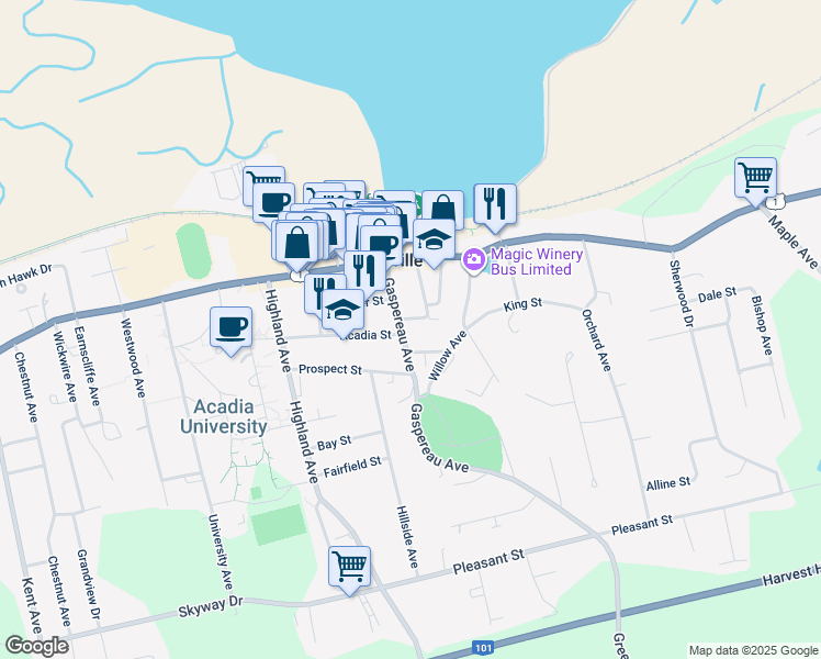 map of restaurants, bars, coffee shops, grocery stores, and more near 23 Gaspereau Avenue in Wolfville