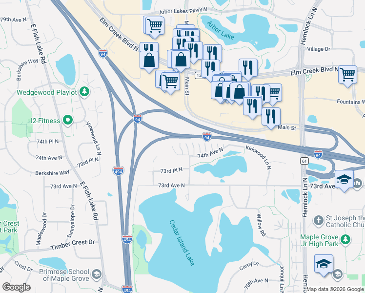 map of restaurants, bars, coffee shops, grocery stores, and more near 12746 74th Avenue North in Maple Grove