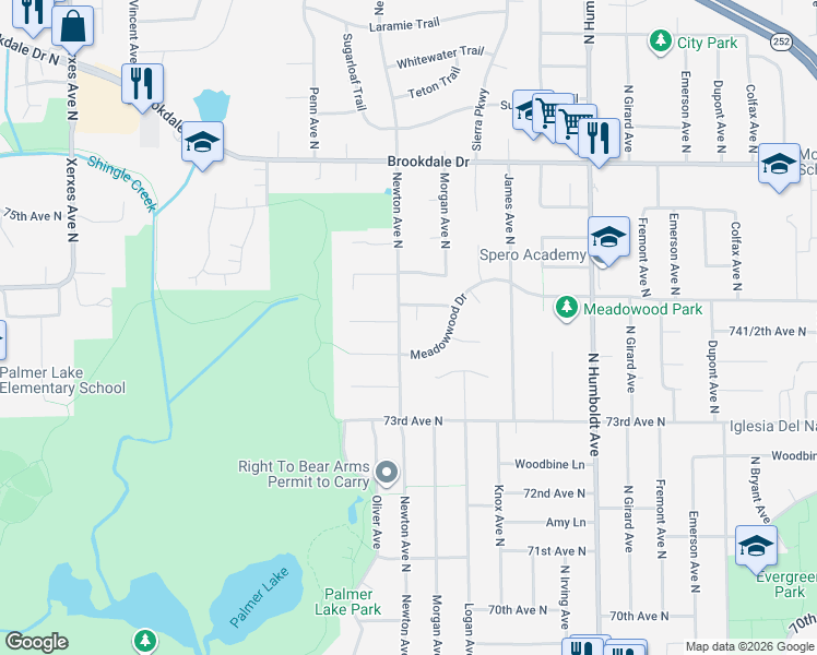 map of restaurants, bars, coffee shops, grocery stores, and more near 2041 75th Court North in Minneapolis
