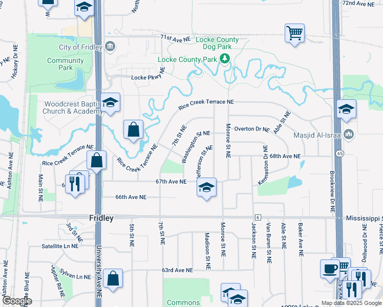 map of restaurants, bars, coffee shops, grocery stores, and more near 6820 Jefferson Street Northeast in Fridley