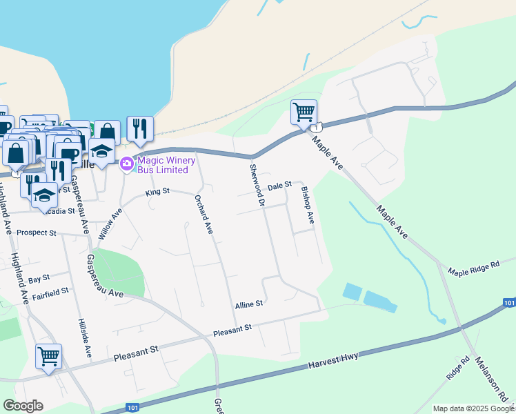 map of restaurants, bars, coffee shops, grocery stores, and more near 26 Sherwood Drive in Wolfville