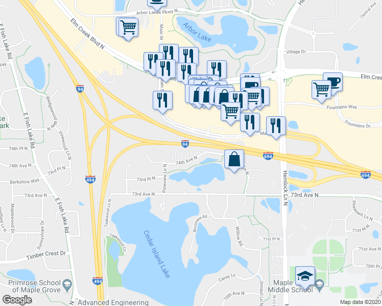 map of restaurants, bars, coffee shops, grocery stores, and more near 12506 74th Avenue North in Maple Grove