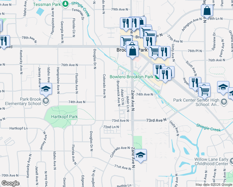 map of restaurants, bars, coffee shops, grocery stores, and more near 7421 Brunswick Avenue North in Minneapolis