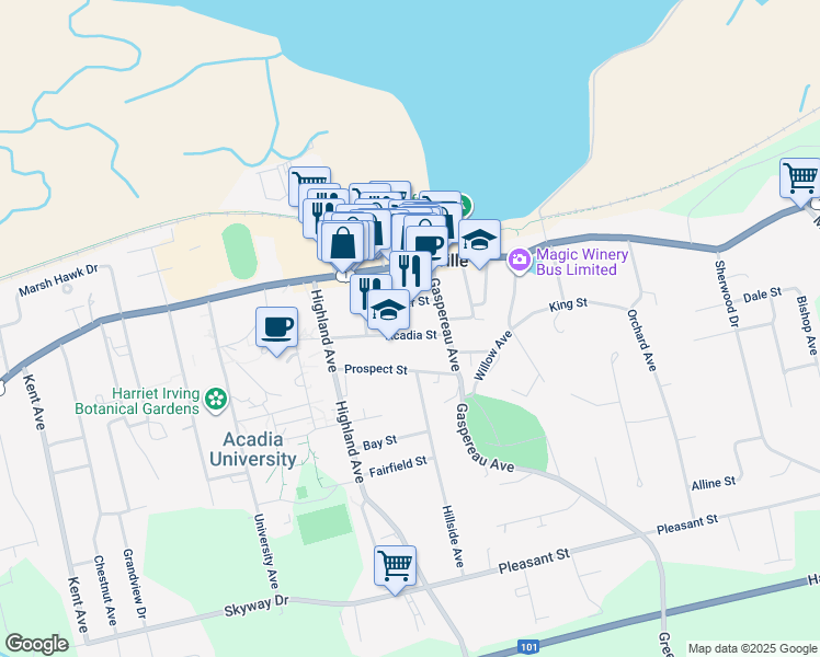 map of restaurants, bars, coffee shops, grocery stores, and more near 12 Acadia Street in Wolfville