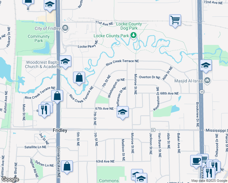 map of restaurants, bars, coffee shops, grocery stores, and more near 6820 Jefferson Street Northeast in Fridley
