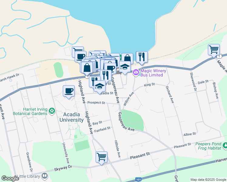 map of restaurants, bars, coffee shops, grocery stores, and more near 2 Acadia Street in Wolfville
