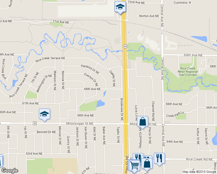 map of restaurants, bars, coffee shops, grocery stores, and more near 999 Pandora Drive Northeast in Fridley