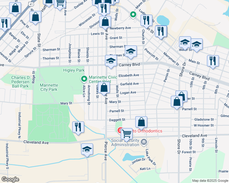 map of restaurants, bars, coffee shops, grocery stores, and more near 1608 Logan Avenue in Marinette